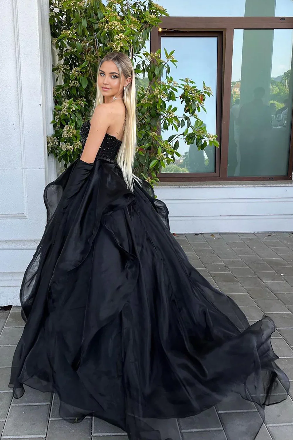 A Line Princess Sweetheart Black Corset Prom Dress with Beding